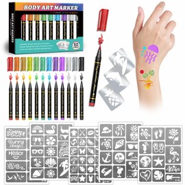 Temporary Tattoo Markers, 12 Metallic Markers and 150 Tattoo Stencil Designs, Cosmetic Tattoos Pens for Kids and Adults, Summer Style