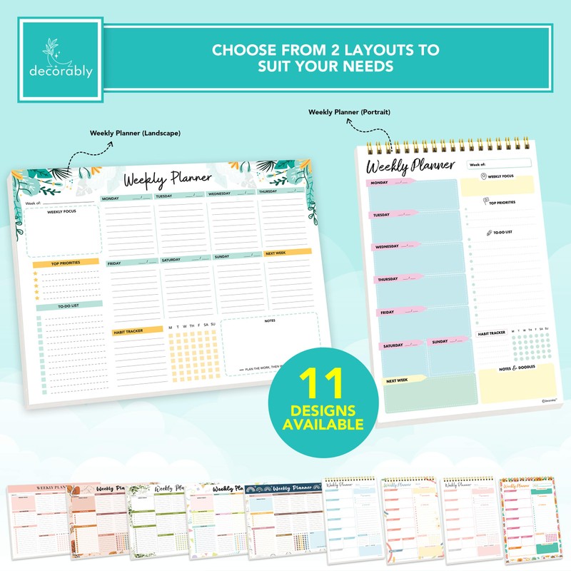 Decorably Weekly Planner Pad Landscape - 52 Easy Tear-Off Weekly