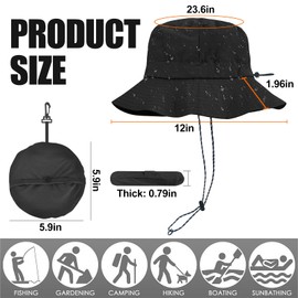 Qaestuan Sun Hat Men Women Sun Protection UPF 50+ Boonie Hat with Wide Brim, Foldable Safari Hat Outdoor Fishing Hat Hiking Hat with Chin Strap, Waterproof and Breathable, black, M