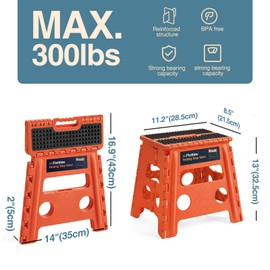 Flottian 13" Folding Step Stool for Adults and Kids Holds Up to 300 lbs,Non-Slip Folding Stools with Handle, Compact Plastic Foldable Step Stool for Bathroom,Bedroom, Kitchen,Orange-Red,1PC