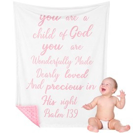 Rtteri Christian Gift for Baby Plush Baby Blanket with Dotted Backing Baptism Blanket Scripture Quote Swaddle Bible Verse Blanket for Newborn Boy Girl Christening Godchild Gift (Pink and White)