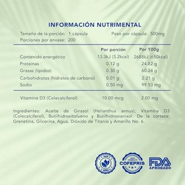 VITAMINA D3 | Naturagel Vitamina D3 | Suplemento Alimenticio para la Salud General | 200 Softgels de 500 mg