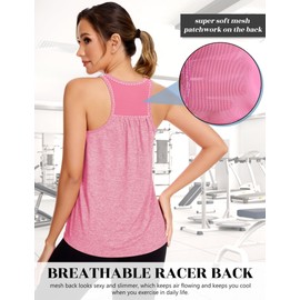 SLIMBELLE Mesh Racer Back Tank Tops Womens Gym Yoga Athletic Workout Tops Round Neck Sleeveless Loose Fit Cami with Built in Bra Rose Red XL