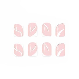 MERVF Square Press on Nails Short Fake Nail White French Tip Glue ons Glitter Lines Design Acrylic Nails Elegant Squoval Manicure 24pcs Glossy