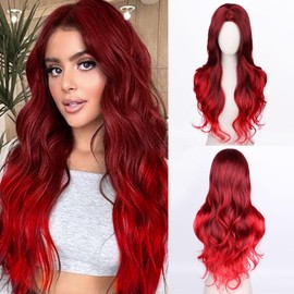Fulang Hair Long Wavy Ombre Red Wig for Women, Long Curly Heat Resistant Fibre Synthetic Wig Ombre Wigs, Peruka Women's Natural Hair for Daily Use