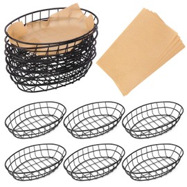 Geytetqi 12 Pack Wire Bread Basket with 50 Sheets Deli Wrappers Paper, 9.65 x 6.1 x 2.17 Inch Metal Oval Bread Basket for Food & Fruit Serving – Durable Black Wire Baskets for Home & Kitchen