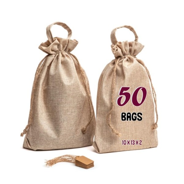 50 pk - Burlap Bags with Drawstring & Labels -