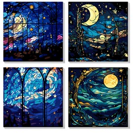 MOGTAA Framed Paint by Numbers for Adults Children Beginners, 4 Pack Landscape Paint by Numbers for Adults, Kids' Painting by Numbers, Star Moon DIY Oil Painting Kits for Home Decor (8x8inch)