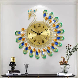 FLEBLE Large Wall Clocks for Living Room Decor Gold Decoration Wall Clock Silent Battery Operated Non Ticking for Bedroom Kitchen 14 Inch Retro Peacock Crystal Wall Watch Quartz for Home Office Indoor
