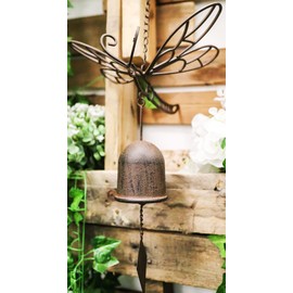 Ebros Gift Rustic Bronze Patina Cast Iron Beautiful Cottage Garden Dragonfly Bell Wind Chime Hanging Mobile Pool Patio Garden Decor Dragonflies Feng Shui Symbol of Happiness and New Beginnings