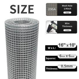 Hardware Cloth 16'' x 10' 1/4 in Galvanized Wire Mesh Roll (23 GA) Chicken Wire Fence Roll for Chicken Pen/coop Fences, Screen mesh, Rabbit/Snake Fences, Poultry enclosures, Handicraft Making, etc.