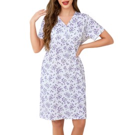 Wikoan Womens Cotton Nightdresses Short Sleeves Button Front Nighties Floral Print Summer Ladies Nightshirt With Pockets,Purple Flower,3XL