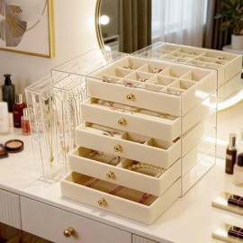 Organizador Acrílico para Joyas丨Soporte para Collar de Acrílico, Joyero TransparEnte con 5 Cajones, Joyero Apilable de Terciopelo, Joyero Multifuncional para PeNdientes, Anillos, Collares, Relojes