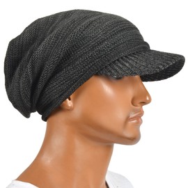 HISSHE Men's Thick Knit Newsboy Cap Visor Beanie Hat Fleece Lined Multicolor B319 (Dgrey-Black)(Size:L)