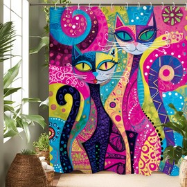 Colorful Abstract Cat Shower Curtain 60Wx71L, Vintage Animal Lovers Shower Curtains for Bathroom, Retro Art Shower Curtain Set Home Decor 12 Pack Hooks