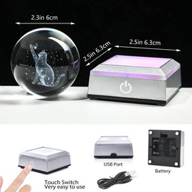 YU FENG 3D Cat Crystal Ball Cat Lover Gifts with Colorful LED Light Base 2.36 inches