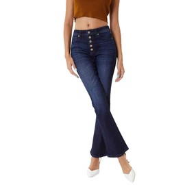 Kancan Women's Petite High Rise Button Fly Flare Jeans - KC7348 (Dark Wash, 28 (US 9))