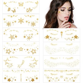 VIWIEU 10 Pcs Tattoo Stickers Color Gold Glitter Cute Face Stickers for Women, Metal Snowflake Stars Freckles Bowknot Flashing Water Transfer Body Stickers, Easy to Apply Facial Deco Tattoo Stickers,