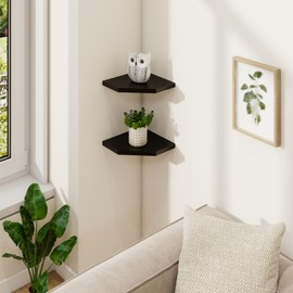 Fun Memories Corner Shelf Wall Mount, Solid Oak Wood Floating Corner Shelves with Cable Hole, 7in Rustic Design for Bedroom, Bathroom, Kitchen, Living Room (Black, 1 Pack)