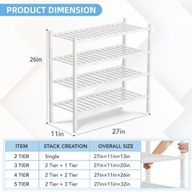 Buymoth 4 Tier Bamboo Shoe Rack Storage Organizer for Closet, Multifunctional Stackable Free Standing Shoe Shelf Organizer for Small Space,Entryway, Hallway, Bathroom27 x11 x26(White, 4 Tier)