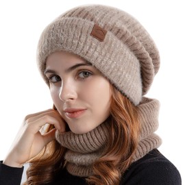 WANYIG Women's Knitted Hat Winter Hat Scarf Set Warm Soft Beanie Hat Loop Scarf Set Knitted for Autumn Winter 55-60 cm, khaki