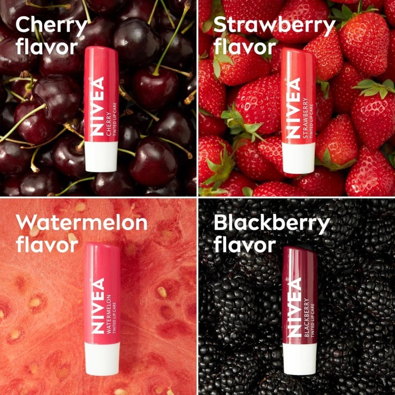 NIVEA Cuidado Labial, Bálsamo Labial Tintado afrutado Paquete Variedad, Cereza,