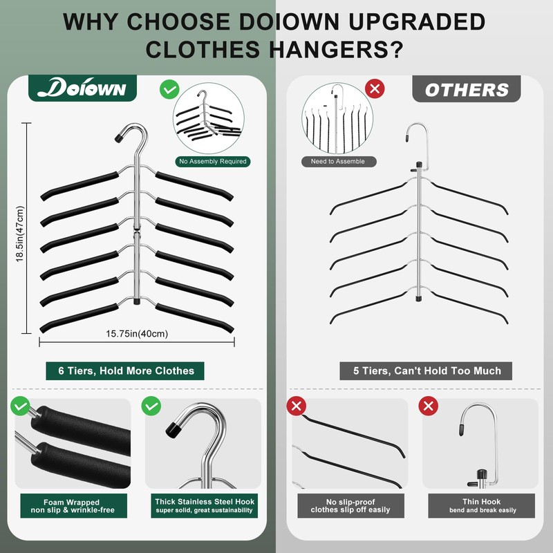 DOIOWN Clothes Hangers Space Saving: 6 Tier Coat Hanger Space