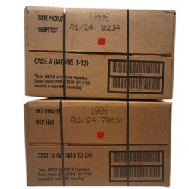 Case of 12 Meals Ready to Eat [MRE]. Genuine USGI Military Rations - 1/2025 and Newer Inspection Dates - Case A, B and A/B Combos. Manufactured by Wornick, Sopacko or Ameriqual. (A/B Case Combo)