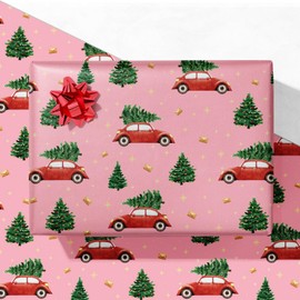 GIOLAINY Red Car Christmas Wrapping Paper for Kids Men Women - Pink Holiday Gift Wrap with Christmas Trees & Red Car - 4 Sheets (28 x 40 inches), Easy to Store