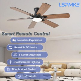lspmke 52 Inch Ceiling Fans with Lights, Low Profile Ceiling Fan with Light and Remote, Quite DC Motor,Flush Mount, 3CCT, Dimmable, Brown RGB Ceiling Fan for Bedroom, Living Room, Indoor/Outdoor Use