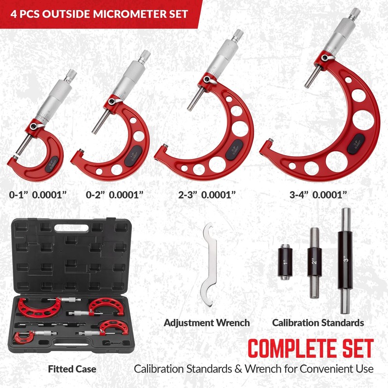 Premium Outside Micrometer Set 0-4" / 0.0001" (0-1"/1-2"/2-3"/3-4") Precision Machinist