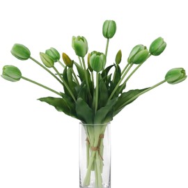 LINSIE 15 Pcs Green Artificial Flowers Tulips Real Touch Latex Plastic Soft Faux Bouquets for Party, Wedding, Home, Room, Garden Decor
