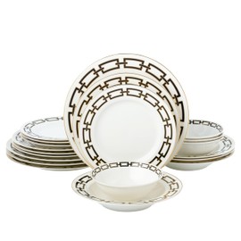 Joseph Sedgh Collection “Abbey” 20-Piece Bone China Dinnerware Set, Service for 4, Black and Gold Chain
