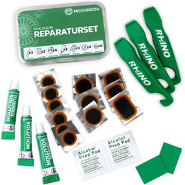 MOOVMOOV Bike Repair Kit - Includes Bicycle Inner Tube Patches, Vulcanizing Glue Tubes, Rhino Tyre Levers, Sandpaper and Cleaning Wipes - For MTB, Road Bike, Gravel Bike