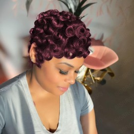 SisBroSis Short Layered Curly Pixie Cut Wigs With Bangs Dark 99j Color for Daily Use Glueless Pixie Cut Human Hair Wigs for Black Women Lightweight Short Curly Human Hair Wig(dark 99j)