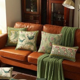 patdrea Designer Pack of 4 Throw Pillow Covers,French Vintage Rustic Linen with Green Floral Pattern Pillows Cover,Decorative Lumbar Square Pillowcases Cushion for Bed Living Room Outdoor Car