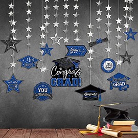 14 Pack Graduation Garland Class of 2022 Graduation Decoration Diploma Hat Star Congrats Garland Banner Congrats Grad Streamers Backdrop for Graduation Party Supplies College Grad Decor (Blue)