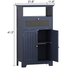 ChooChoo Bathroom Floor Storage Cabinet with Flip Glass Drawer, Bathroom Cabinets Freestanding with 2 Doors Adjustable Shelf & 1 Open Storage for Bathroom, Living Room, Hallway, Navy Blue