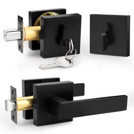 Probrico Matte Black Exterior Door Locksets with Deadbolt,Front Door Passage Handle and Single Cylinder Deadbolt Set, Square Door Lever with Keyed One Side Deadbolt Lock, 1Pack