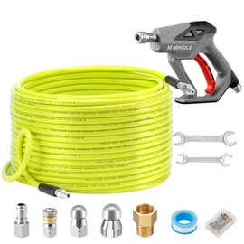 M MINGLE Sewer Jetter Kit for Pressure Washer 200 FT, Drain Cleaner Hose with Power Washer Gun, 1/4 Inch NPT Corner Rotating and Button Nose Sewer Jetting Nozzle, Orifice 4.0, 4.5