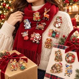Christmas Enamel Rhinestone Brooch – Santa, Snowman, Cat and Deer Holiday Animal Pins for Coats, Scarves and Gifts