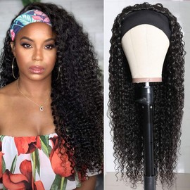 Eooma Curly Headband Wig Human Hair Wigs for Black Women 24 inch Brazilian Curly None Lace Front Wigs Human Hair Scarf No Gel Gluelees Remy Hair Headband Wig