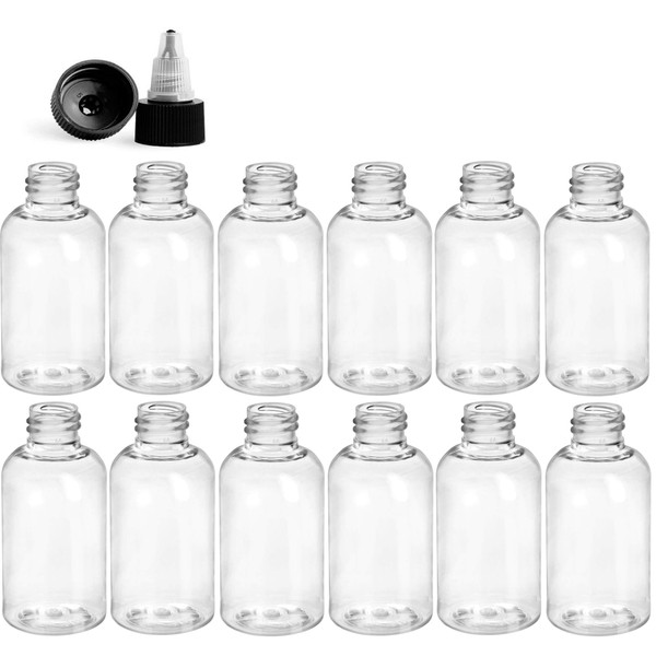 2 Ounce Boston Round Bottles, PET Plastic Empty Refillable BPA-Free, with Black/Natural Twist Top Caps (Pack of 12) (Clear)