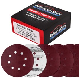ProductionShop Premium 5" Red 8-Hole Pattern 320 Grit Sanding Discs, Box of 50 - Dustless Hook & Loop Backing Sandpaper for Random Orbital Sanders, Extra-Fine-Cut Abrasive - Woodworking, Auto Paint