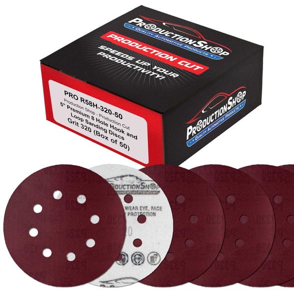 ProductionShop Premium 5" Red 8-Hole Pattern 320 Grit Sanding Discs,