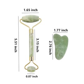 Jade, rodillo de jade natural y juego de gua sha, rodillo de piedra facial jade para arrugas, rodillo de jade auténtico con 2 piezas de herramientas de masaje para raspar de cara, cuello, mejillas, masaje de piel