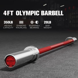 RITFIT Olympic Barbell 4ft/4.8ft/6ft - 2 Inch Weight Bar for Strength Training, Weightlifting, Squat, Deadlift, Bench Press, Curl, Overhead Press - 350lbs/500lbs Capacity 4FT Silver/Red