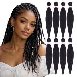 Pre Stretched Braiding Hair 16 Inch, 8 Packs Professional Braiding Hair Extensions, Soft Yaki Texture, Hot Water Setting, Easy to Braid, 1#