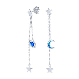 Astrology - arete colgantes de cadena larga con incrustaciones de ópalo azul iridiscente con diseño de estrellas de luna y luna celestial y estrellas lineales para mujeres y adolescentes de plata de ley 925 auténtica, Una talla, Metal Gema, Ópalo