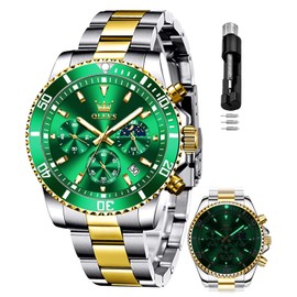 OLEVS Mens Watches Two Tone Stainless Steel Classic Dress Quartz Waterproof Luminous Luxury Big Face Casual Date Wrist Watches Moon Phase Multifunction Chronograph